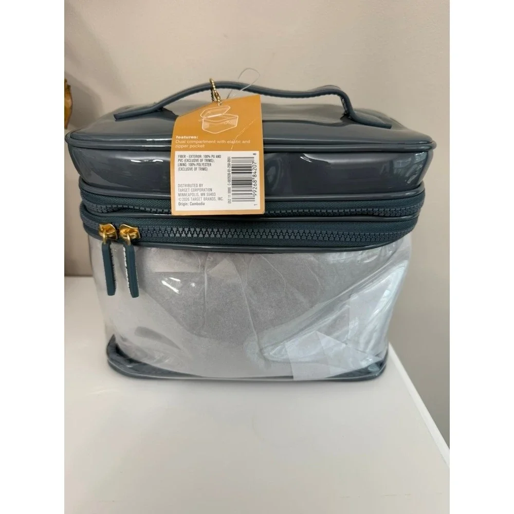 Sonia Kashuk Makeup Bag Women OS Blue Clear Dual Compartment Travel Case NWT